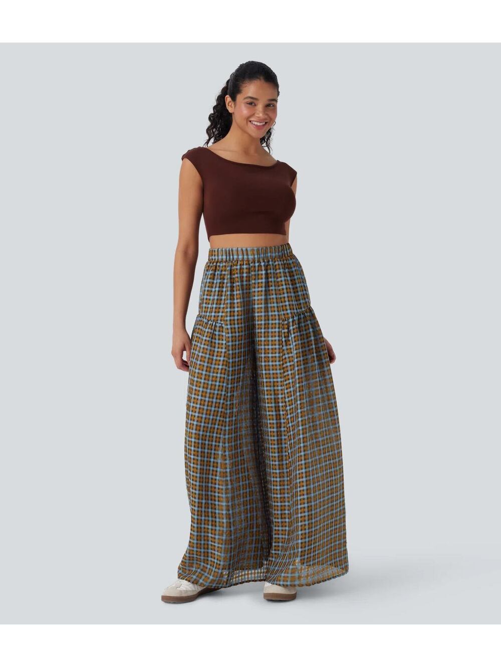 Halara High Waisted Pocket Wide Leg Flowy Plaid Casual Pants Blue Brown Size L - Picture 9 of 9